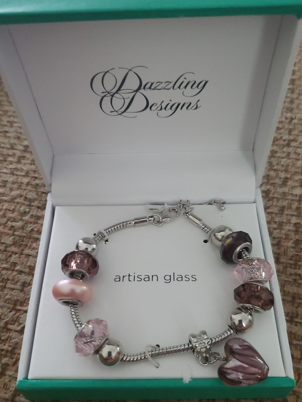 NWT-Pink & Purple Artisan Glass Charm Bracelet